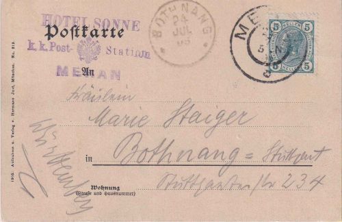 Österreich - Meran Hotel Sonne K.K. Poststation L3 Karte Meran - Bothnang 1905