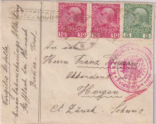 Österreich - Stafflach Postablage-Ra1 Brief i.d. SCHWEIZ St. Jodok - Horgen 1915
