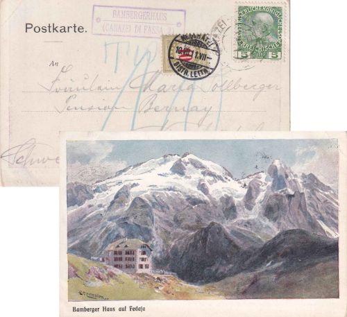 Österreich - Bambergerhaus (Canazei di Fassa 2 Postablage-Ra2 Karte Canazei 1911