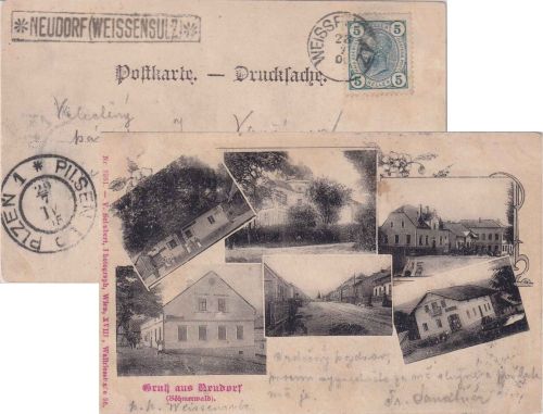 Österreich - Neudorf (Weissensulz) Postablage-Ra1 sw-Mehrbild-AK 1905 n. Pilsen