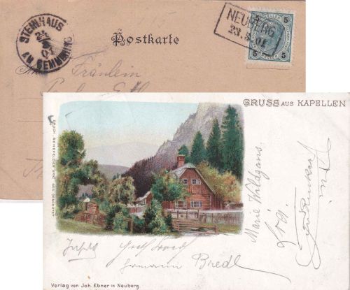 Österreich - Neuberg 23.8.01 Postablage-Ra2 farb. AK Kapellen - Steinhaus