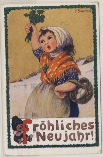Neujahr - farb. Künstler-Glückwunschkarte (F.Schenhet) gelaufen v. München 1926