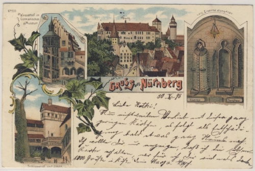 Bayern - Nürnberg Mehrbild-Farblitho Schlosshof Eiserne Jungfrau gelaufen 1898