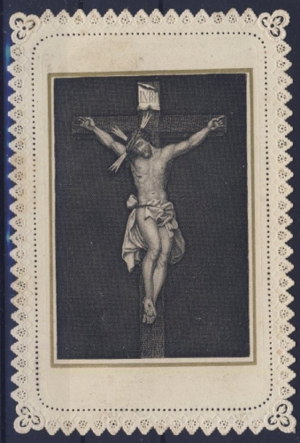 Christus am Kreuz - Heiligenbildchen/Spitzenbildchen m. rs. Gebetstext 19. Jhdt