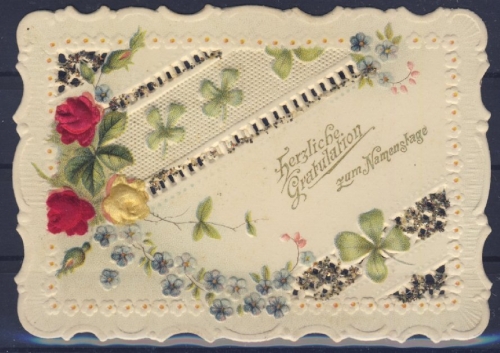 Namenstag - ca. 1900 - aufwändig geprägte u. gestanzte Glückwunschkarte m.