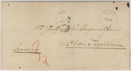 NDP - Mainz F 16/11 viol. Franco-K1 Briefhülle n. Oberingelheim 1870