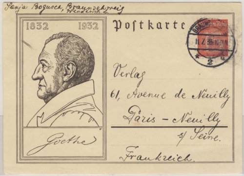 DR - 15 Pfg Goethe 100.Todestag Sonderganzsache n. Frankreich Braunschweig 1933