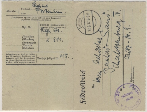 DR - Flieger-Abteilung A Nr. 211 Briefstempel Feldpost-Kartenbrief 1917 n.
