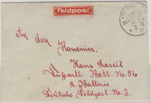 DR - Marine-Schiffspost Nr.34 (kl. Kreuzer Karlsruhe II) Feldpostbrief 2.10.1917