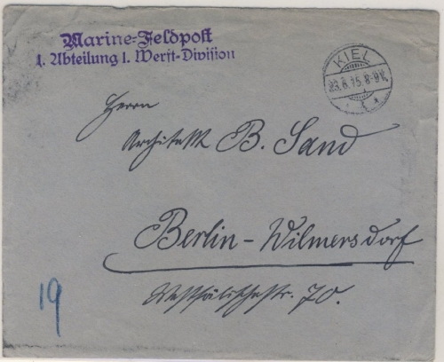 DR - SMS Frankfurt Marine-Feldpost 1. Abteilung 1. Werft-Division Feldpostbrief