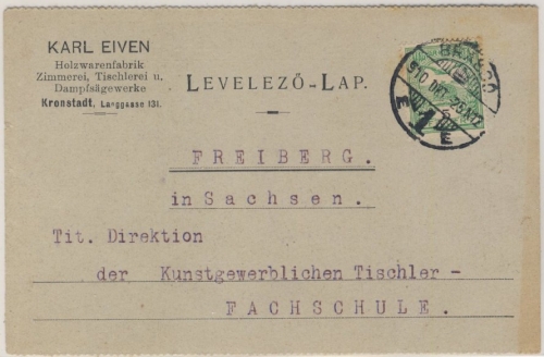 Ungarn/Rumänien - 5 F. Turul Firmenkarte Kronstadt/Brasso - Freiberg 1910