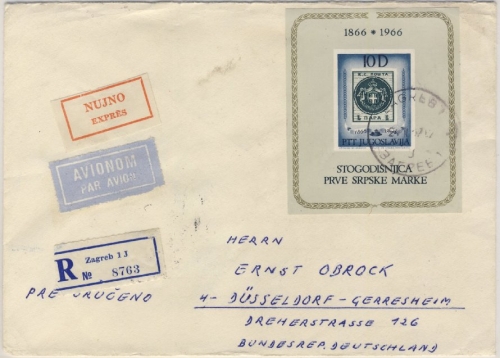 Jugoslawien - 100 J. Serbische Briefmarken Blockausgabe LupoEilEbf. Zagreb 1967