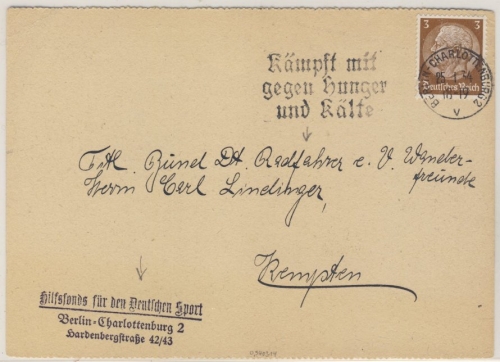 DR - Hilfsfonds für den Deutschen Sport Berlin - Drucksachenkarte Kempten 1934