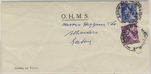 Australia - 1 + 2 1/2 P. Elizabeth/Perfin VG on OHMS cover from Melbourne 1957
