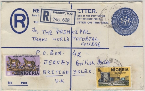 Nigeria - 27 K. Einschreibe-Ganzsache + Zusatz n. JERSEY, Port Harcourt 1976