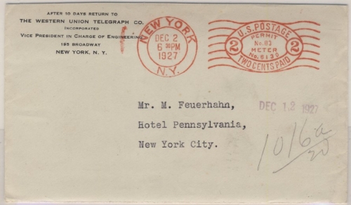 USA - 2 C. Meter Mark Ortsbrief New York Western Union - Hotel Pennsylvania 1927
