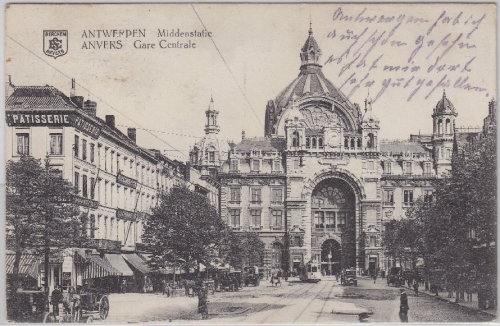 Belgien - Antwerpen, Bahnhof (Middenstatie) sw-AK/Feldpost Fp.Stat. No. 3 1916