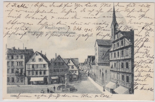 Württemberg - Reutlingen Marktplatz m. Wilhelmstraße, sw-AK - gelaufen 1902