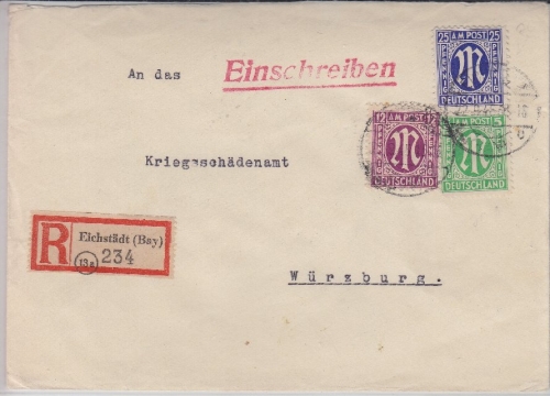AM-Post - 25+12+5 Pfg. Einschreibebrief Eichstädt - Würzburg 22.9.45