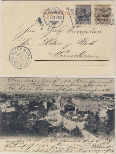 DR - 2+3 Pfg. Germania Karte Bickerdike-Flaggenstempel Leipzig 13 - München 1903