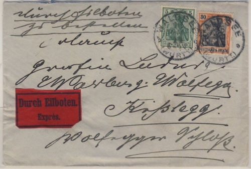 Deutsches Reich - 30+5 Pfg. Germania Eilbrief Waldsee - Kisslegg 1914