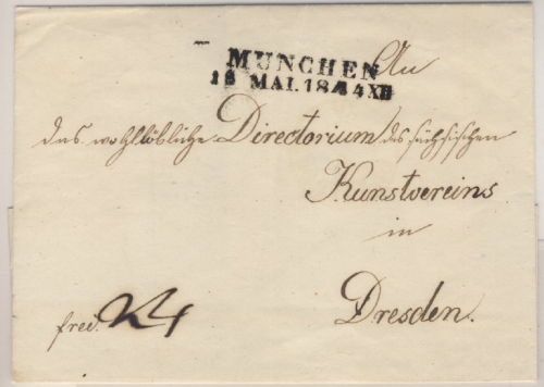 München 1844 - L2 a. Portobrief n. Dresden/Sachsen - Briefhülle ohne Inhalt