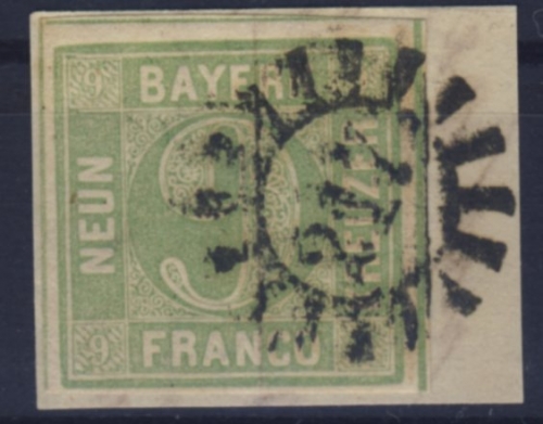 9 Kr. Quadrat bläulichgrün, Mi.Nr. 5aIII, gMR 217/München - voll- bis