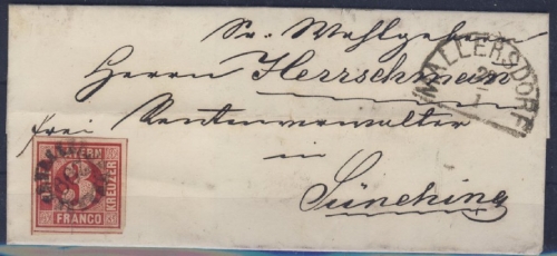 3 Kr. Quadrat rot, Brief gMR 299/Mallersdorf 29/1. (1867) n. Sünching - ohne