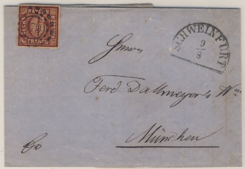 6 Kr. Quadrat braun, Brief oMR 479/Schweinfurt 9/8 (1862) n. München - mit