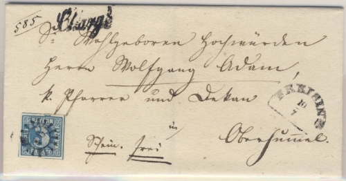 3 Kr. Quadrat blau, Charge-Brief gMR 91/Freising 10/7. (?) n. Ober…(?) - ohne