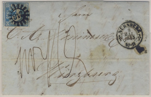 3 Kr. Quadrat blau, Nachporto-Brief gMR 243/Nürnberg 8. Mai 1855 n. Würzburg