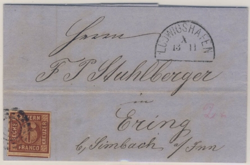 6 Kr. Quadrat braun, Brief aus Bocholt (!) über Mannheim (!!) in gMR