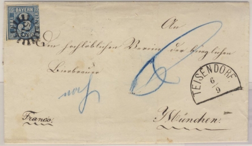 3 Kr. Quadrat blau, Nachporto-Brief gMR 515/Teisendorf 6/9. (1862) n. München
