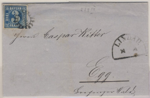 3 Kr. Quadrat blau, gMR 289/Lindau 11/11. (1858) n. Egg/Österreich - rs.