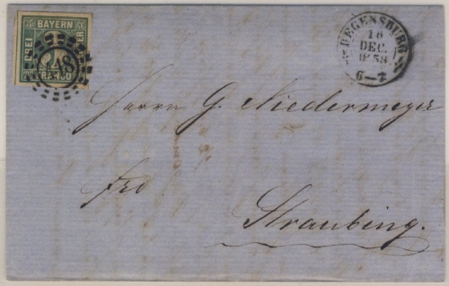 3 Kr. Quadrat blau, Brief oMR 418/Regensburg 16. Dec. 1858 n. Straubing - mit