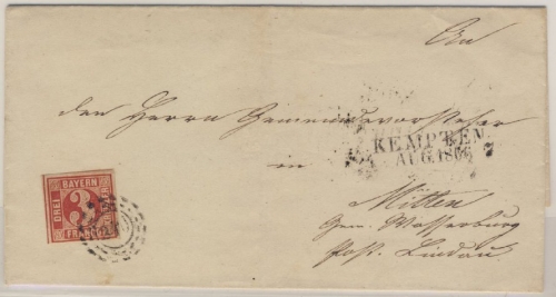 3 Kr. Quadrat rot, Brief oMR 249/Kempten 1. Aug 1866 n. Mitten b. Lindau - ohne