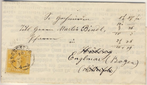 1 Kr. Quadrat gelb, Drucksachenbf. OPA Regensburg 10 Jun 1867 n. Mitterfels u.