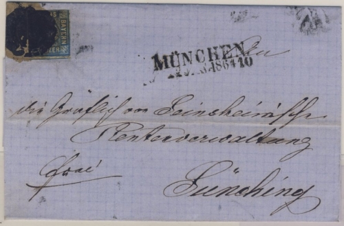 6 Kr. Quadrat blau, "Hässliches Entlein", Brief oMR 325/München 22. Jan 1864