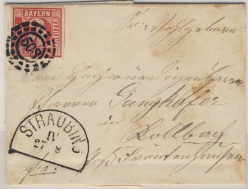 3 Kr. Quadrat rot, Brief oMR 508/Straubing 27/8. (?) n. Kollbach b.