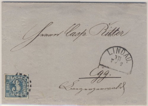 3 Kr. Quadrat blau, Brief oMR289/Lindau 7/2. (1860) n. Egg/Österreich - mit