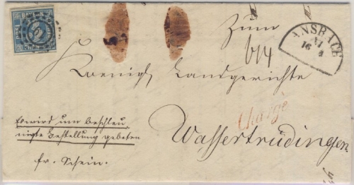 3 Kr. Quadrat blau, Charge-Brief oMR 19/Ansbach 16/4. (1861) n.