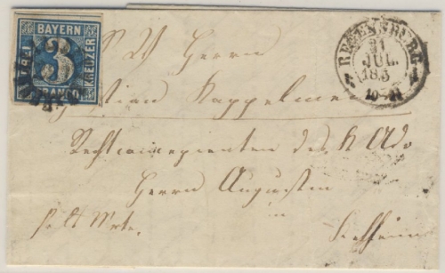 3 Kr. Quadrat blau, Brief gMR 281/Regensburg 21. Jul 185? n. Kelheim - mit