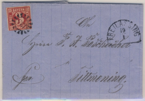 3 Kr. Quadrat rot, Brief gMR 135/Freilassing 19/1 (1865) n. Tittmoning - mit