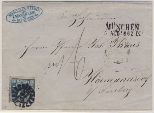 3 Kr. Quadrat blau, Nachportobrief gMR 325/München 5. Aug 1862 n. Hörmansdorf