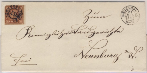 6 Kr. Quadrat braun, re. Bogenrand, oMR 418/Regensburg 31. Mär 1860 n.