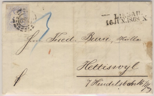 6 Kr. Wappen geschn., Brief oMR 289/Lindau 16. Jun 1868 n.