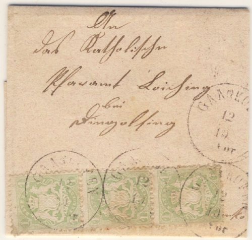 1 Kr. Wappen gez., senkr. Dreierstriefen, Brief K1 Gangkofen 12/10 (?) n.