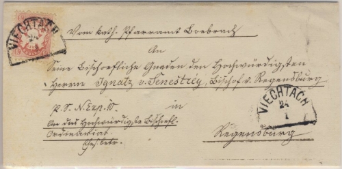 3 Kr. Wappen gez., Bischofsbrief HKS Viechtach 24/1 (?) n. Regensburg - ohne