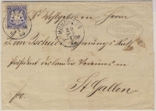 7 Kr. Wappen gez., Brief K1 München 29. Sep 70 n. St.Gallen/Schweiz