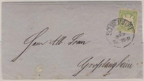 1 Kr. Wappen gez., Drucksbf. K1 Schweinfurt 9 Sep (1874?) n. Großkangaltheim -